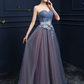 Steel Blue A-Line Applique Strapless Sleeves Prom Dress