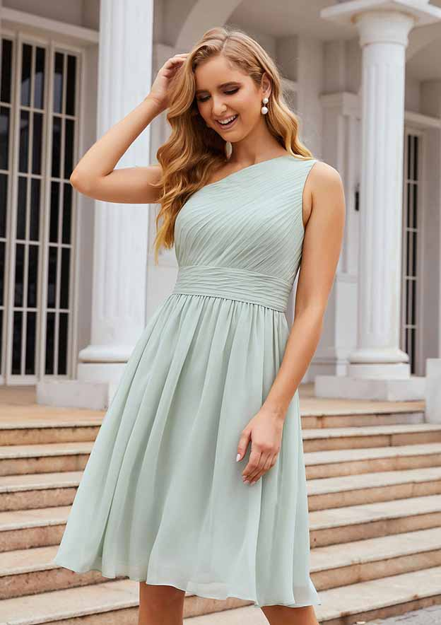 Honey Dew Oblique Shoulder Sleeveless Short Bridesmaid Dress