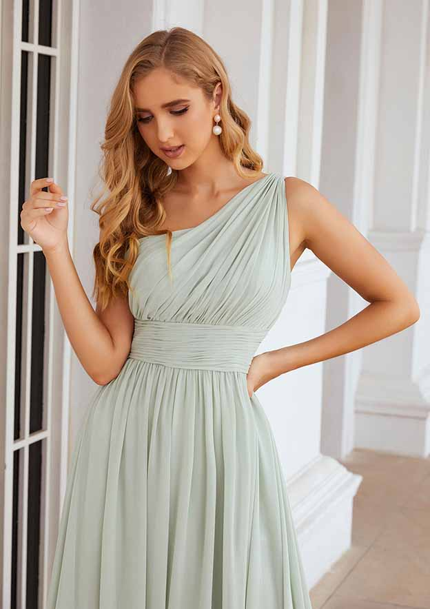 White Smoke Oblique Shoulder Sleeveless Bridesmaid Dress