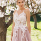 Peach Puff Appliqued Sleeveless Long Prom Dress