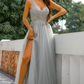 Beaded Gray V Neck Sleeveless Long Prom Dress