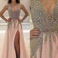 Papaya Whip Appliqued Beaded Long Prom Dress