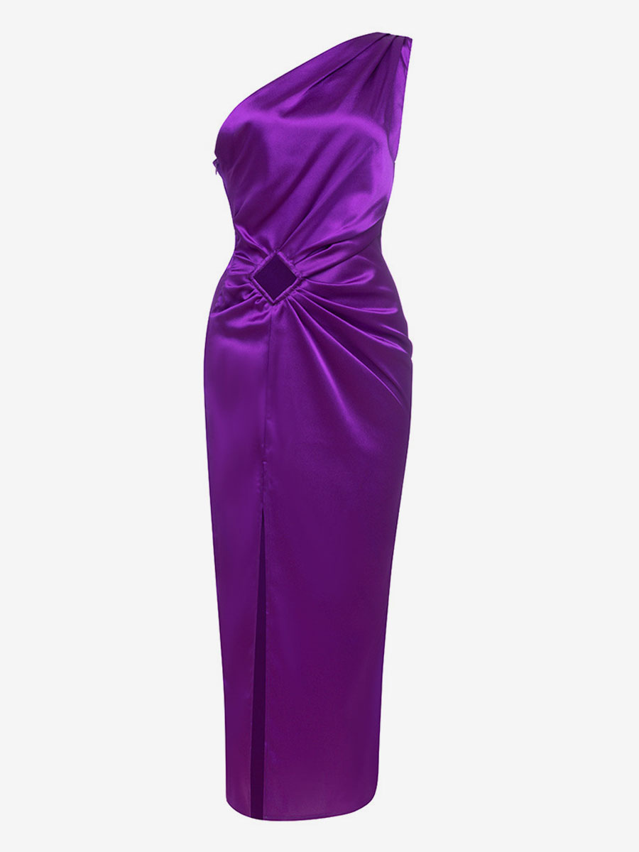 Satin Oblique Shoulder High Slit Long Prom Dress