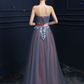 Steel Blue A-Line Applique Strapless Sleeves Prom Dress