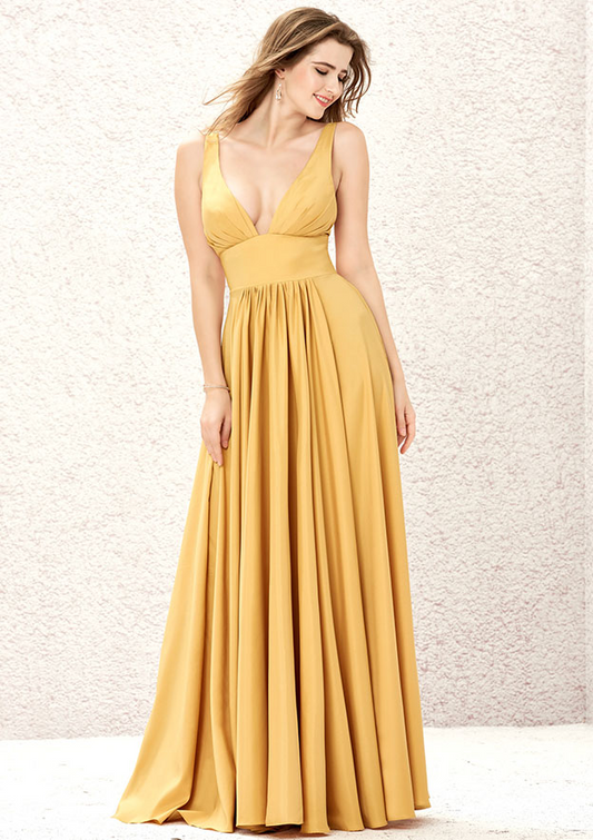 Gold V Neck Sleeveless Slit Maxi Bridesmaid Dress