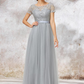 Silver Lace Short Sleeves Maxi Bridesmaid Dress