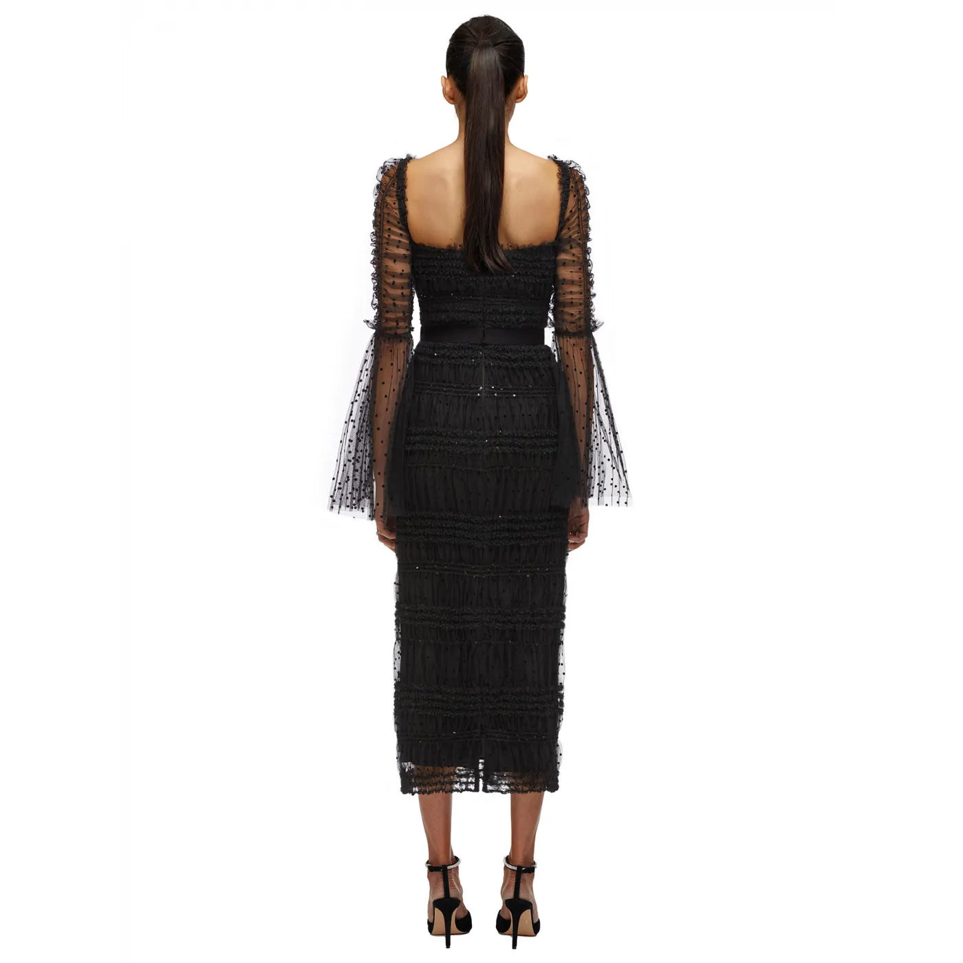 Black Mesh Trumpet Sleeves Square Neck Evening Dress