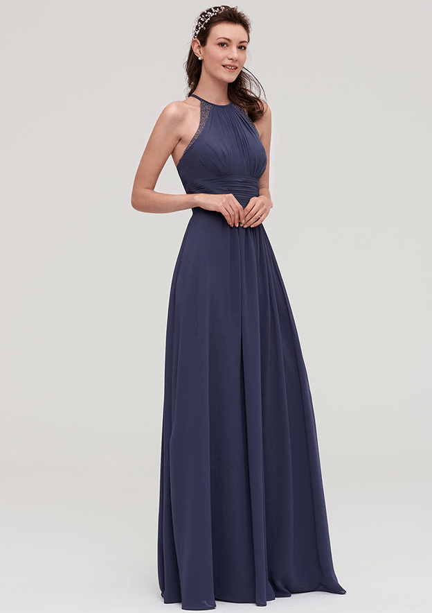 A-Line Steel Blue Halter Neck Backless Maxi Bridesmaid Dress