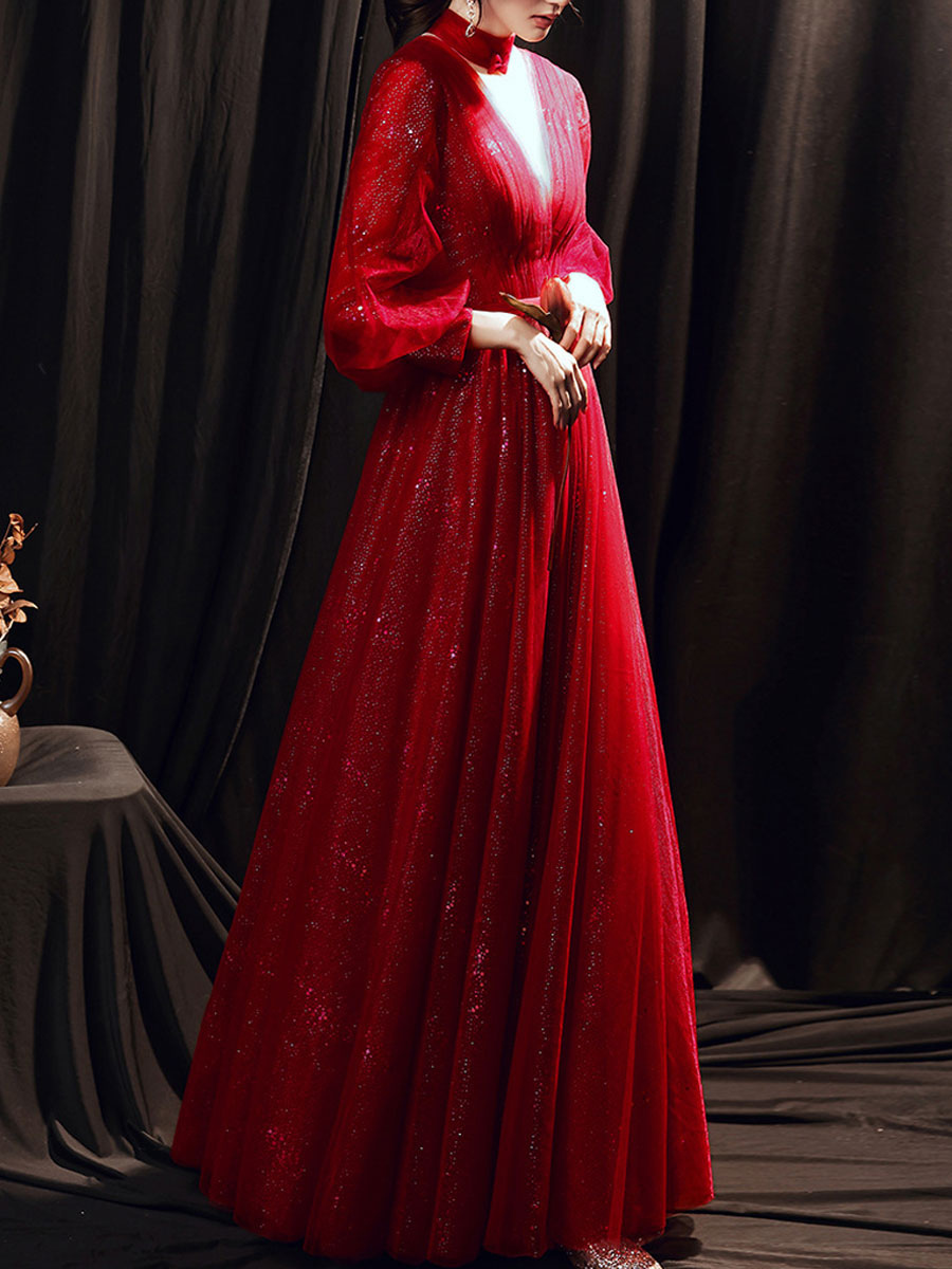 Dark Red Deep V Neck Long Puff Sleeves Prom Dress