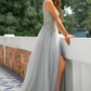 Beaded Gray V Neck Sleeveless Long Prom Dress