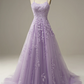 Appliqued Purple Tulle Long Prom Dress