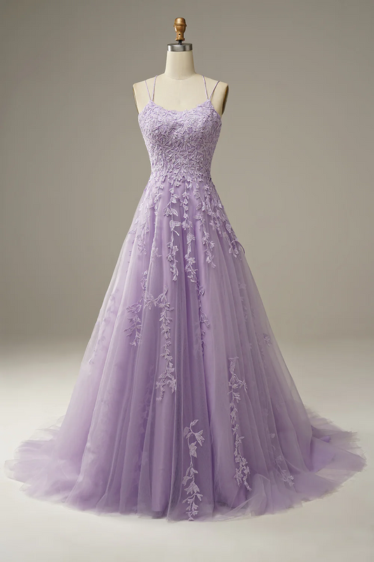 Appliqued Purple Tulle Long Prom Dress