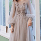 Gainsboro Jewel Neck Long Puff Sleeves Long Prom Dress