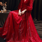 Dark Red Deep V Neck Long Puff Sleeves Prom Dress