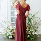 Indian Red V Neck Short Sleeves Slit Bridesmaid Dress