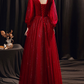 Dark Red Deep V Neck Long Puff Sleeves Prom Dress