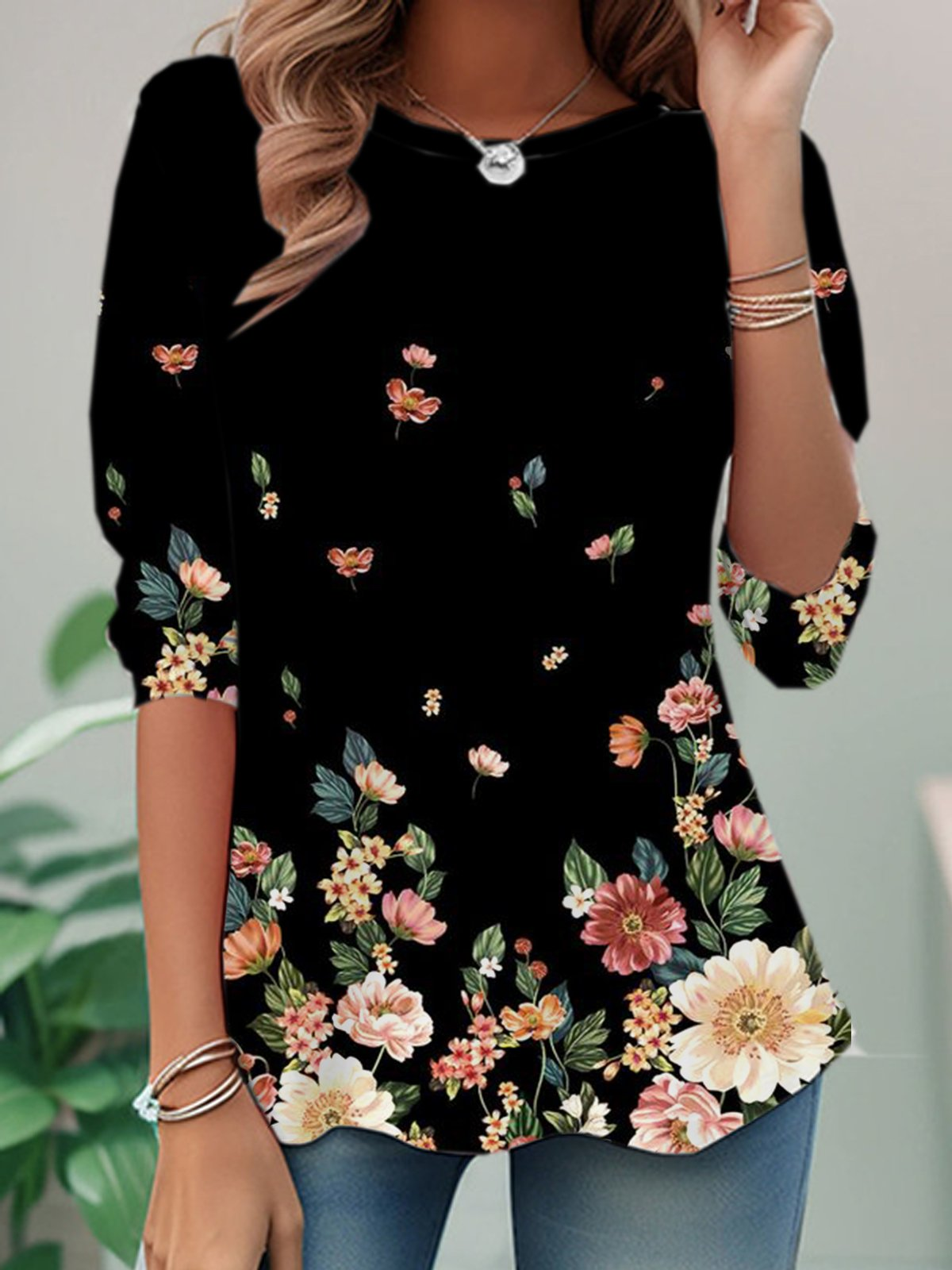 Black Casual Floral Crew Neck Long Sleeve T-shirt