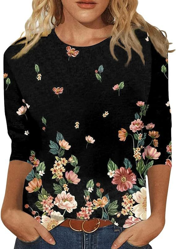 Black Casual Floral Crew Neck Long Sleeve T-shirt