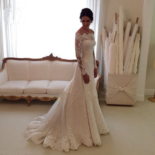 A-Line Off-Shoulder Long Sleeves Lace Wedding Dress