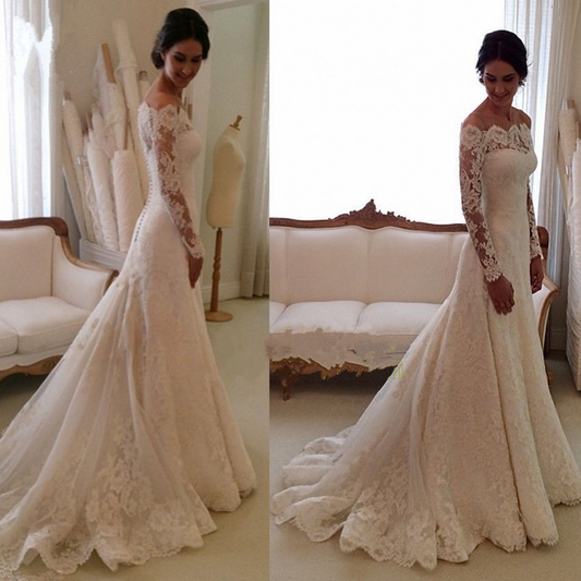 A-Line Off-Shoulder Long Sleeves Lace Wedding Dress