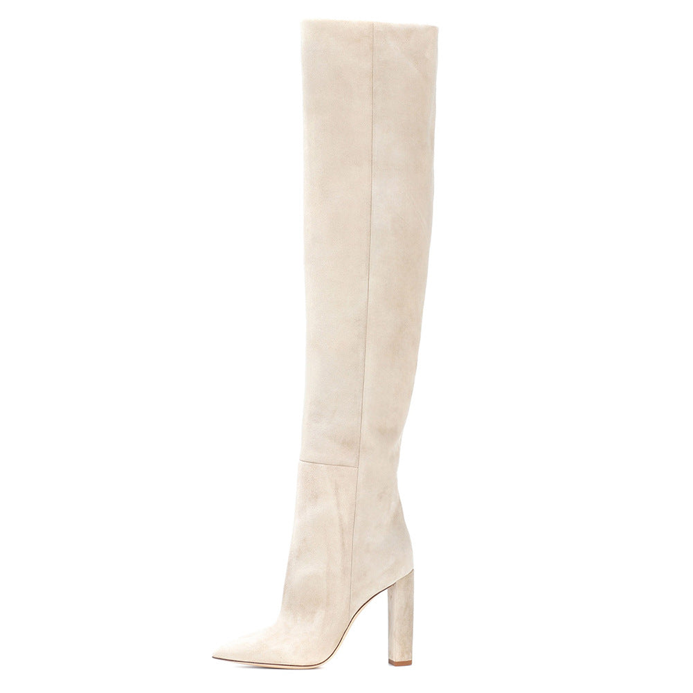 Suede Nap Pointed Toe Chunky Heel Over The Knee Thigh High Boots