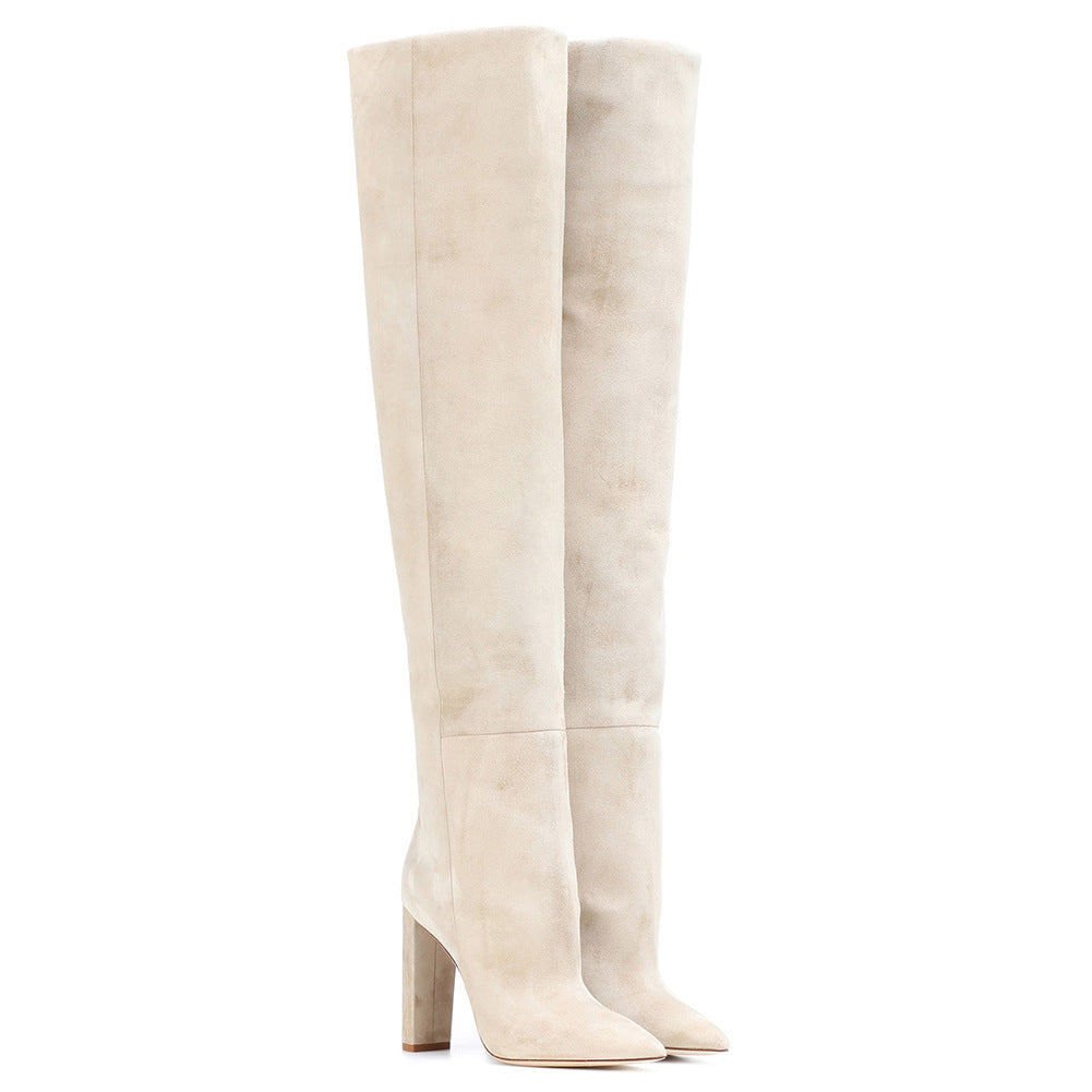 Suede Nap Pointed Toe Chunky Heel Over The Knee Thigh High Boots