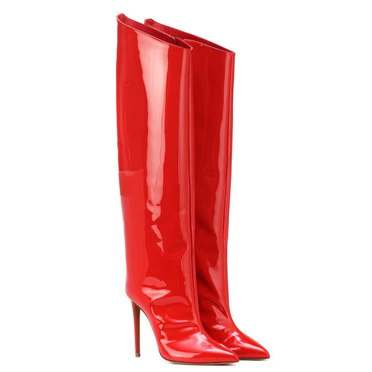 Red Bright Leather Point Toe Stiletto Heel Knee High Boots