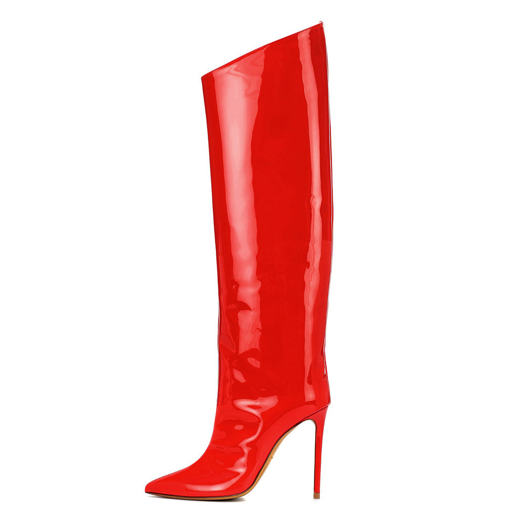 Red Bright Leather Point Toe Stiletto Heel Knee High Boots