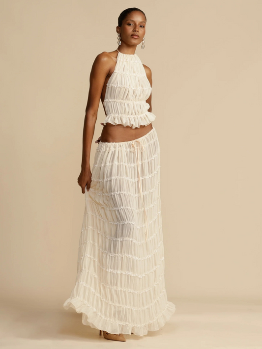 Pleated Drawstring Waist Tiered Maxi Skirt Set