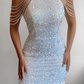 Column Sleeveless Short Sequined Prom Dress