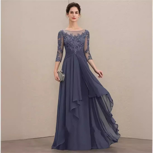 Half Sleeves Appliques Chiffon Floor-length Mother Of The Bride Dress