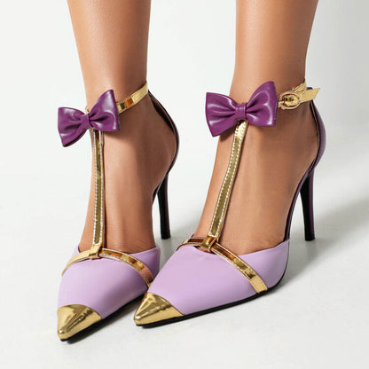 Bow Stiletto Heels T-Strap D'orsay Color Block Pumps Dance Shoes