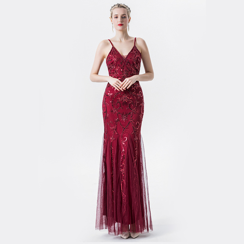 Sequin V Neck Spaghetti Strap Sleeveless Long Dress