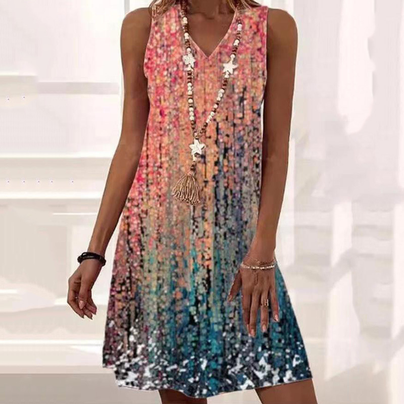 Ombre A-Line Sleeveless V Neck Dress