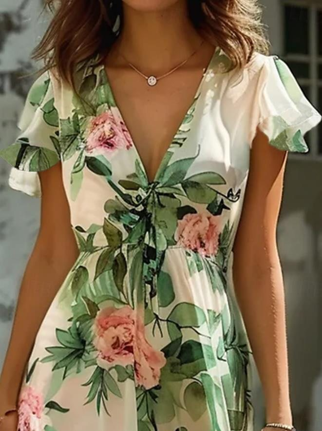 Floral Printed Deep V Neck Short Sleeves Casual Dress