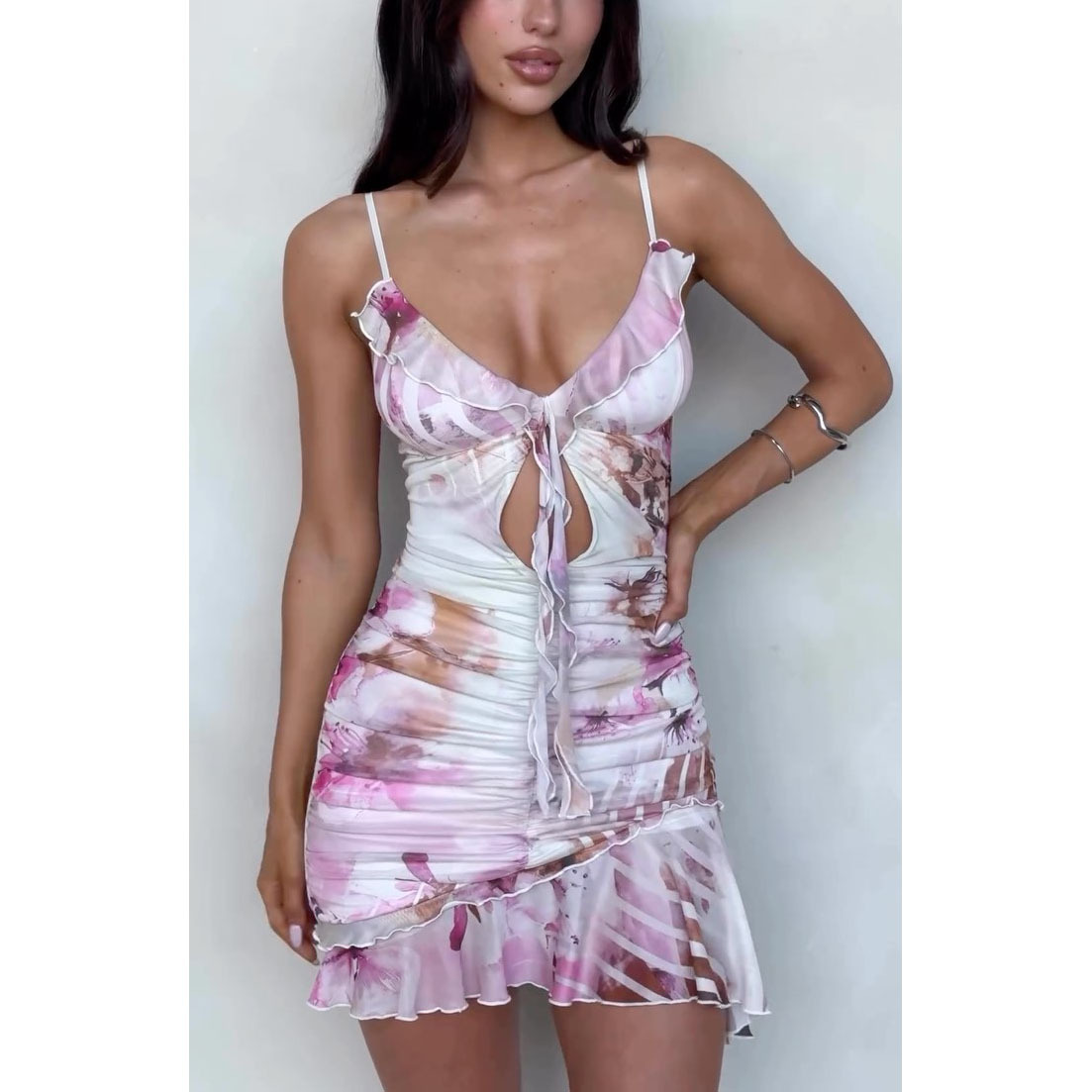 Spaghetti Strap V Neck Ruched Mini Dress