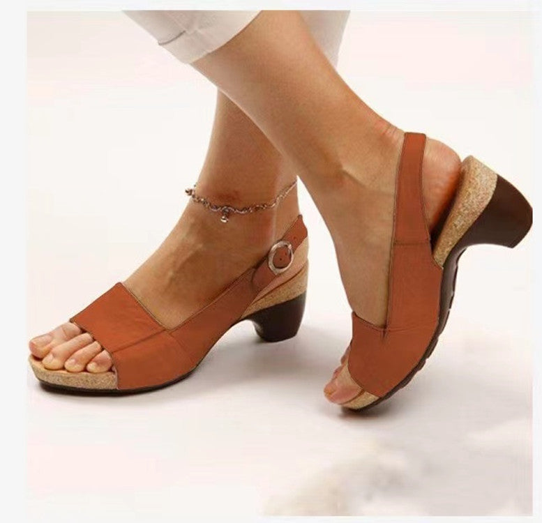 Retro Solid Simple Open Toe Chunky Heel Sandals