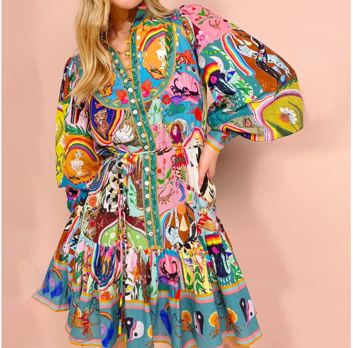 Unique Print Balloon Sleeve Button Shirt Mini Dress