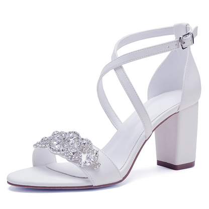 White Open Toe Rhinestone Detail Thick Heel Sandals