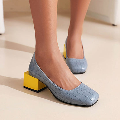 Comfy Low Block Heels Pumps Snake Effect Square Toe Shoes