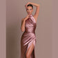 Pink High Neck Pleats Sleeveless Side Slit Satin Formal Prom Evening Dress