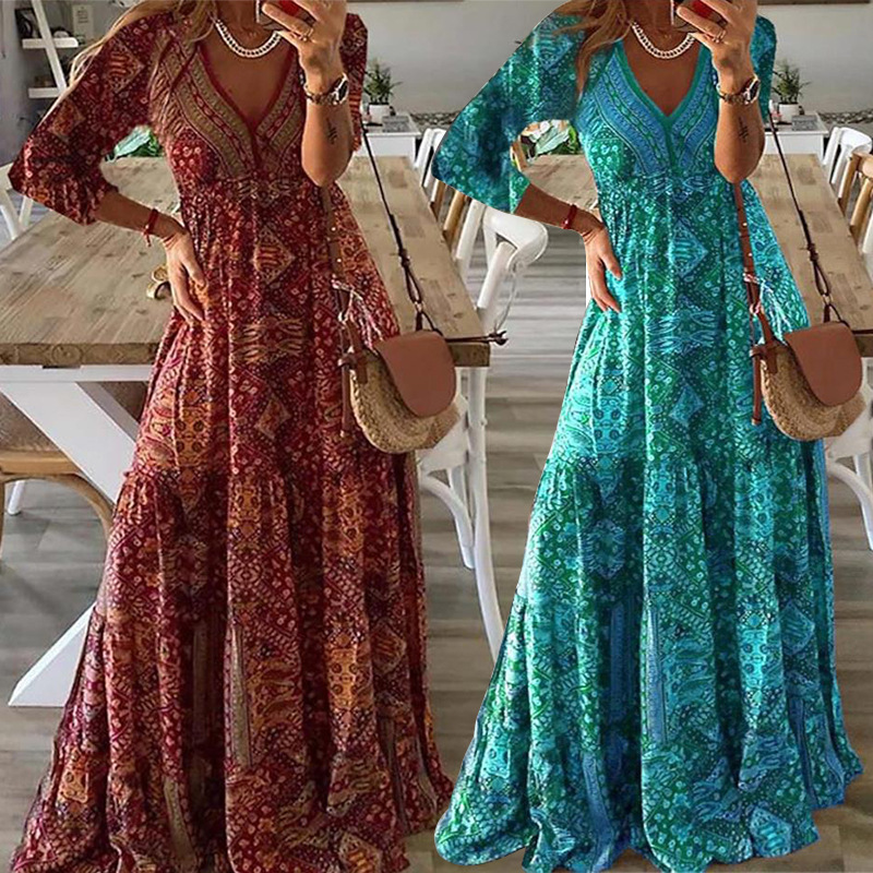 Casual V Neck Long Sleeves Printed Dress