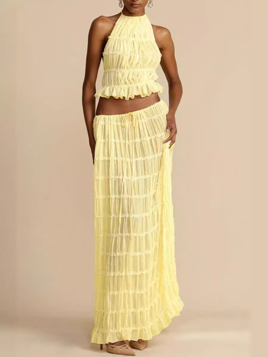 Pleated Drawstring Waist Tiered Maxi Skirt Set