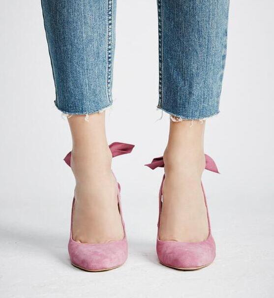 Pink Bow Suede Chunky Heel Commuting Slingback Pumps