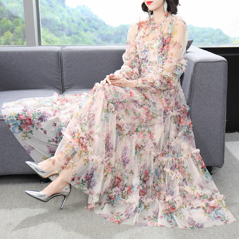 White Mock Neck Floral Long Sleeves Maxi Dress