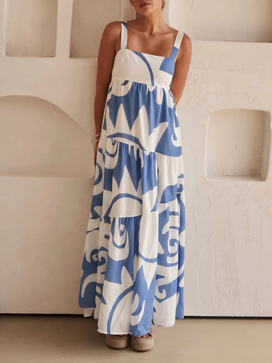 Bohemian Style Geometric Print Back Smocked Loose Maxi Dress