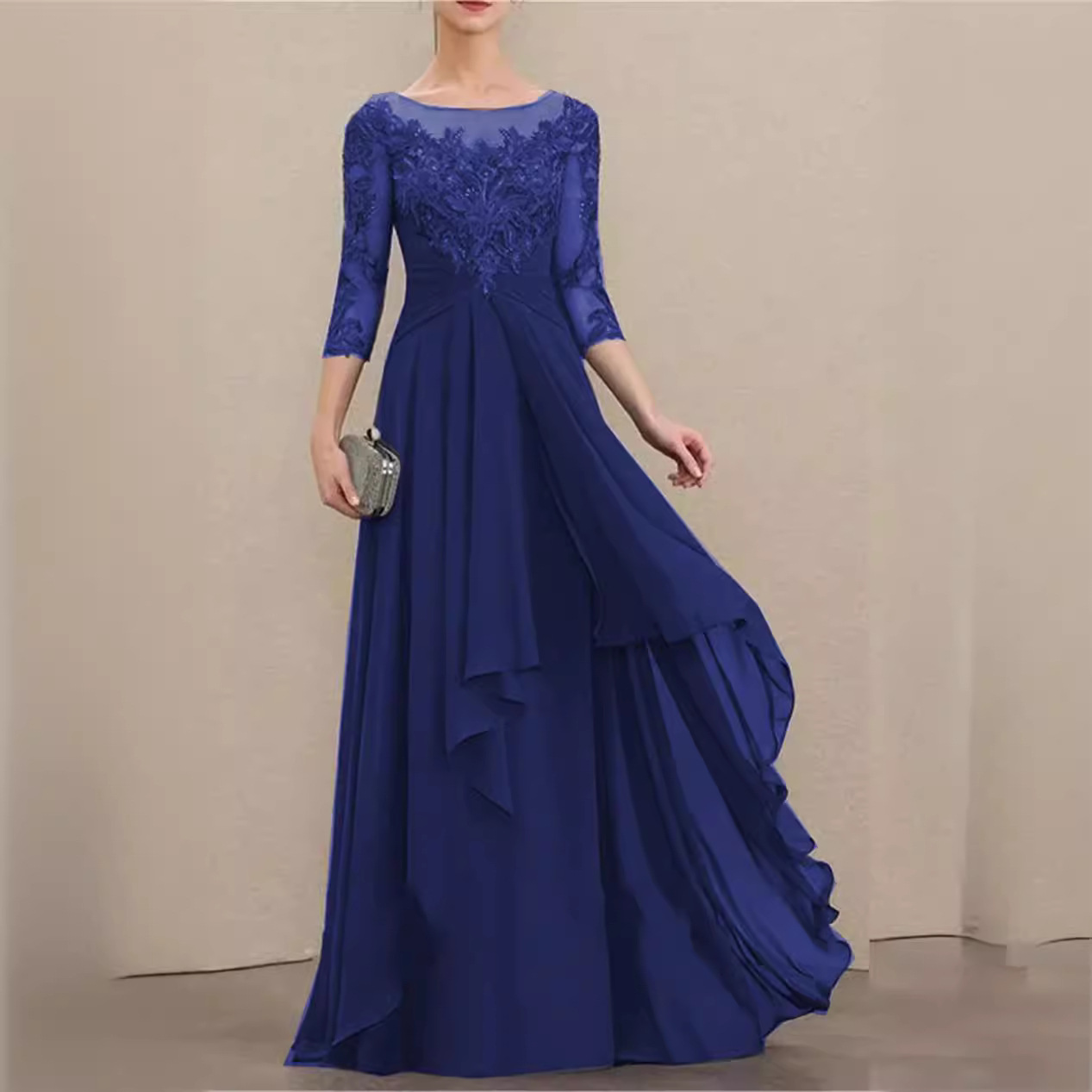 Half Sleeves Appliques Chiffon Floor-length Mother Of The Bride Dress