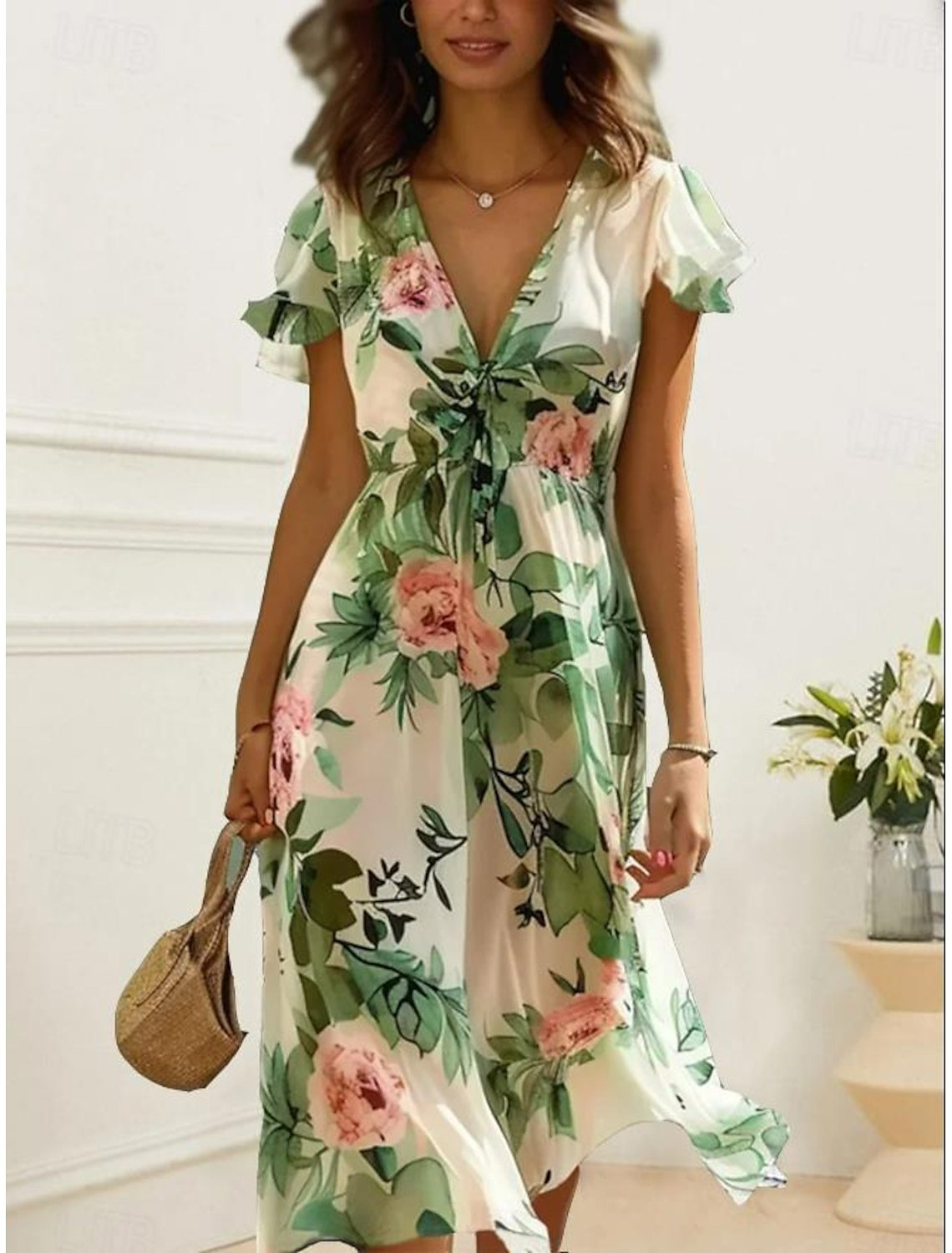 Floral Printed Deep V Neck Short Sleeves Casual Dress