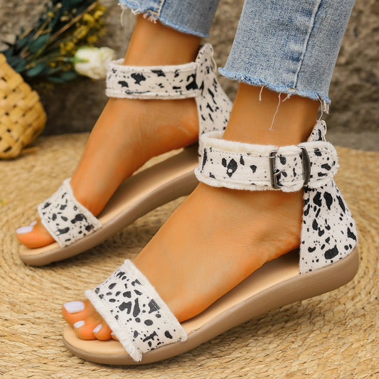 Buckle White Leopard Ankle Strap Sandals - Stylish Flats