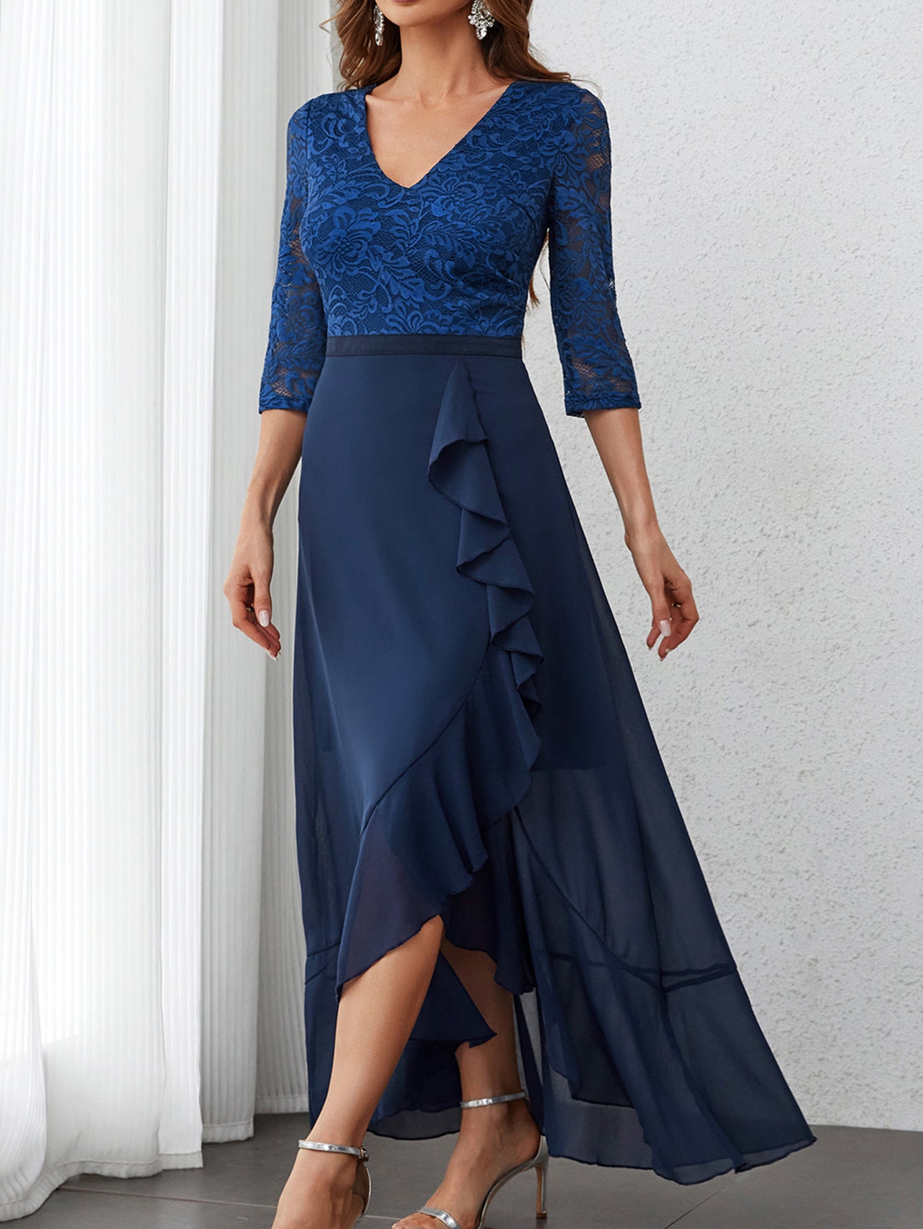 Wedding Party Lace Chiffon Zip 3/4 Sleeve Midi Formal Dress